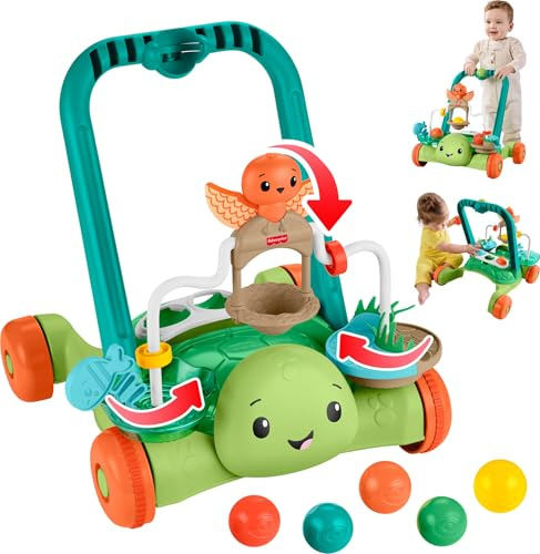 Fisher-Price Moves With You Turtle Walker Baby Push Toy | Non-Electronic, Sensory Busy Activities, 5 Balls, Infants Ages 6+ Months, JPR35