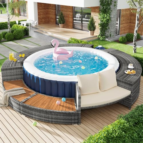 dowowdo Conjunto de muebles de jardín redondo, de ratán de polietileno, con cojines y espacio de almacenamiento, muebles de exterior para terraza, piscina, jardín, salón, sofá, 283 x 55 cm
