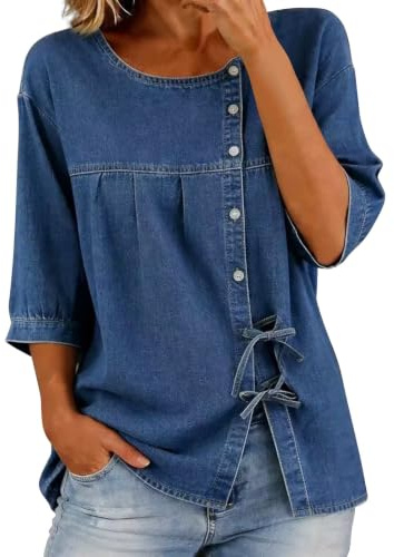 Dam denim skjorta 3/4 ärm knapp framsida fluga ledig lös blus | Sidoslips knut Chambray skjorta, knappar jeanstoppar, sommar cowboy outfit