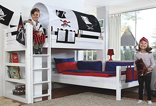Froschkönig24 Etagenbett Beni L Kinderbett Spielbett Hochbett Bett Weiß Stoffset Pirat