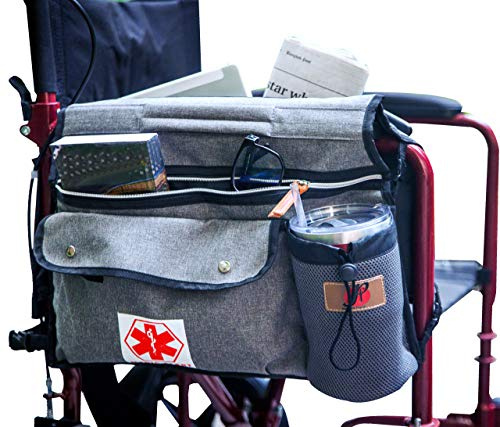 pf Wheelchair Side Pouch Bag(Double-Side) with Cup and Phone Holder for Manual, Electric or Power Mobility Scooter Full ARMREST for Lightweight Transport - Deluxe Wheelchair Accessories (Gray)