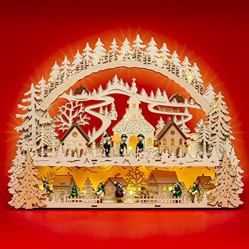 SIKORA LB88 Holz Schwibbogen beleuchteter LED Lichterbogen Motiv Winterdorf Seiffener Sänger Deko Weihnachten inkl. Netzteil Breite 43cm
