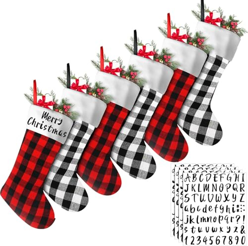 Tatuo 6 Pack Christmas Burlap Buffalo Plaid Stockings Large 18 Xmas Stockings with 6 Letter Adhesive Vinyl Sticker Christmas Tree Hanging Decorations Xmas Party Supplies(Black Red, Black White)