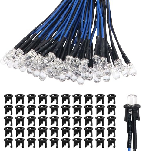Lyeteung 50 Stycken 5mm 12V Förtrådda LED Dioder Ljus, Blå, 20cm Förtrådda LED Lysdioder + 50 Stycken 5mm Plast LED Hållare