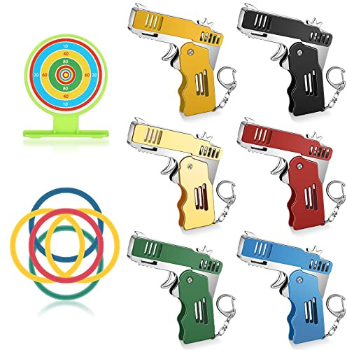 6 Set Mini Metal Folding Pistol - Rubber Band Shooter with Keychain for Shooting Game