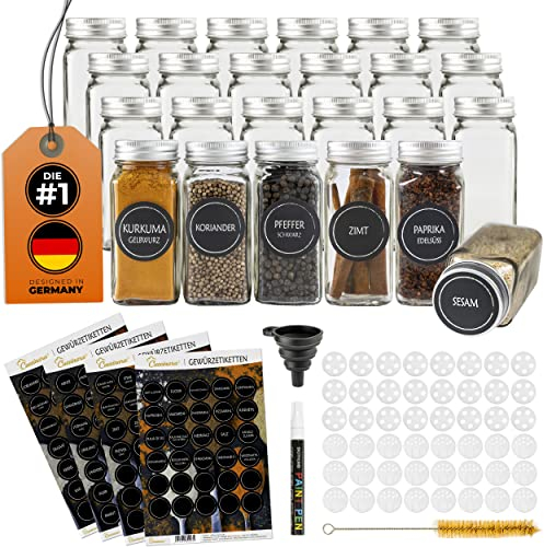 Cuccinara® 12 Gewürzgläser Eckig 120ml mit 210 Etiketten, Aluminiumdeckel & Streueinsätzen (grob & fein) - Luftdichte Gewürzdosen inkl. Trichter, Permanentmarker & Bürste - Spülmaschinenfest