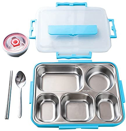 Augnongly 5 Scomparti Pranzo al Sacco in Acciaio a Prova di Perdite Bento Scatole Contenitore per Zuppe per la Scuola(Blu)