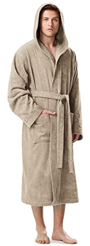 Arus Accappatoio da uomo con cappuccio, lunghezza al polpaccio, 100% cotone spugna, Latte, L-XL