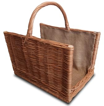 Ogrodzenia Wiklinowe Grand Panier Osierà Bois 50 x 35 cm - Naturel Panier Osier pour Cheminée avec Anse Robuste et Tissu en Jute - Range Bois de Cheminée - Caisse en Bois