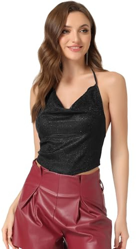 Allegra K Débardeur à Paillettes Femme Camisole Col Bénitier Top Scintillant Dos Nu sans Manche Caraco Court à Lacets Réglable Clubwear Noir L