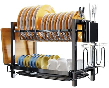 Yexati Égouttoir à Vaisselle Cuisine à 2 Niveaux, Grande Capacité, avec Support de Planche à découper, 3 Crochets, sur Evier, avec Bac Récupération Amovible et Crochets pour Tasses Noir