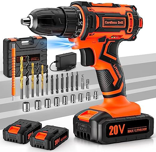 FAHEFANA Cordless Drill, 20V Drill Set, 2 Batteries 2000mAh, Electric Screwdriver, 42Nm Electric Power Drill Driver, 25+1 Torque, 2 Speed, LED Light, 24 Accessories, Battery Combi drill for Home & DIY