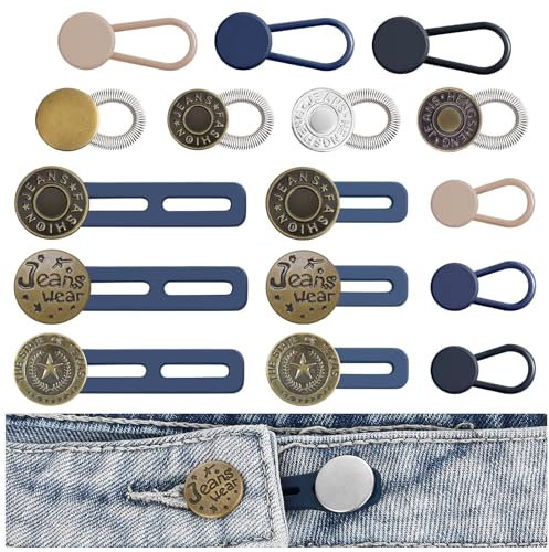 Alethron Hosenbunderweiterung, 16 Stück Hosenknopf Verlängerung, 4 Stile Knopfverlängerung für Hosen, Verstellbarer Hosenerweiterung Einziehbare Knopf Erweiterung Hose Bunddehner für Damen Herren Jean