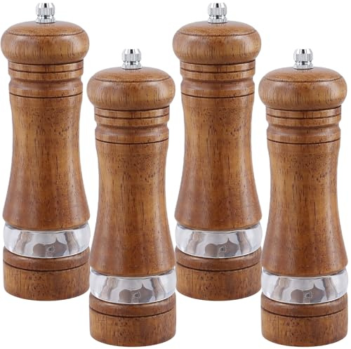 HONYUET 4PCS Wooden Salt and Pepper Grinder Set, 6 Inch Manual Wood Spice Mills Shakers with Adjustable Coarseness for Cooking Baking