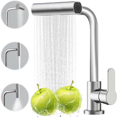 Robinet de cuisine rotatif à 360° haute pression avec 4 types de jet d'eau, robinet d'évier avec douchette, mitigeur de cuisine avec raccord (acier inoxydable)