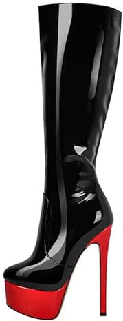 blingqueen Damen Plateau Stiefel High Heels mit Pfennigabsatz Stretch Boots Lack Schwarz Rot 46 EU