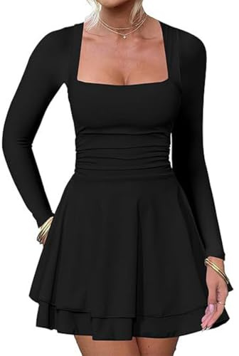 Hanaoops Womens Bodycon Mini Dress Square Neck Long Sleeve A-Line Flare Hem Short Dresses Sexy Party Club Ruched Wrap Dress Going Out Casual Dresses Y2k Clubwear