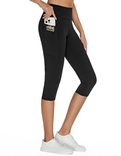 adorence 3/4 Leggins Sportivi Donna con 5 Tasche, Leggins Estivi Donna Vita Alta, Leggings Corti Yoga Opaco - Nero,L