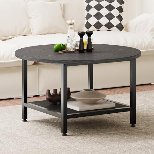 ARFARLY Round Coffee Table for Living Room, 2 Tier Coffee Tables with Storage Shelf, Modern Farmhouse Circle Coffee Table Center with Sturdy Metal Frame Home Furniture, Black
