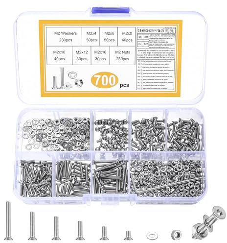 700 Piezas M2 Juego de Tornillos y Tuercas, Tornillo de Avellanado Cabeza Hexagonal, Tornillos de Plana y Tuercas y Arandelas Kit, Tornillo de Cabeza Hueca Hexagonales de Acero Inox