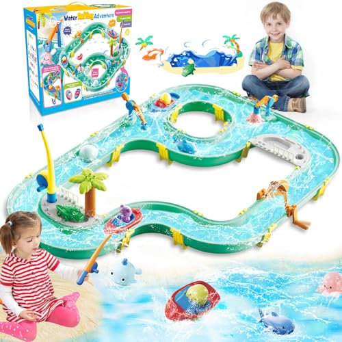 BuzzoXerex Wasserbahn, 2 in 1 Wassertisch Spielzeug, 71 PCS Strandspielzeug Wasserbahn Kinder Outdoor Set mit 2 Boote, 6 Tierfiguren, 2 Fischereimaschinen und 2 Angelruten für 3+ Jahr (2)