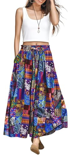 YESNO Women Wide Leg Pants Summer Floral Boho Palazzo Pants Casual High Waisted Flowy Crop Trousers with Pockets M PSC P002B