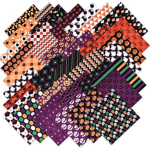 YUMILI 60 piezas de tela cuadrada de algodón para Halloween, 25 x 25 cm | Tela de costura para manualidades, cuadrados, fantasma, calabaza, calavera, material decorativo para manualidades hechas a