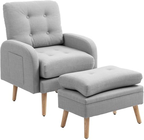 HOMCOM Fauteuil de Relaxation avec Repose-Pied, Fauteuil TV avec Coussins, Support jusqu'à 120 kg, 2 Compartiments de Rangement, canapé 1 Place capitonné pour Salon, Bureau, Tissu Lin Gris Clair