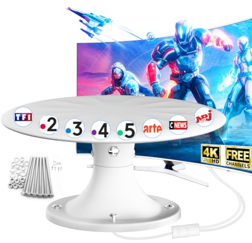 2026 Antenne TV Camping-Car Amplifiée – Réception Longue Portée 360°, TNT HD 4K DVB-T/T2, Antenne TV Extérieure pour Camping-Car et Caravane, Résistante aux Intempéries (Blanc)