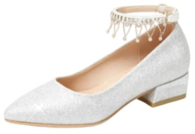 Genérico Zapatos Tacón Ancho Brillantina Mujer Pulsera Tobillo Punta Fina