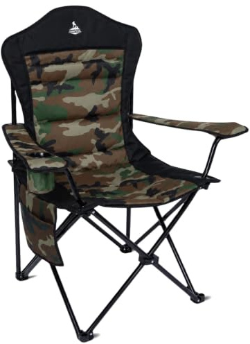 LuxeTrail Padded Folding Camping Chair, Ergonomic High-Back — Camo/Black | Lightweight, Ergonomic high-back support, Padded seat, Supports up to 160 kg, Cup holder, Side pocket, Carry bag included