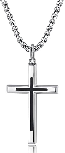 FANCIME Kreuz Halskette mit 925 Sterling Schwarz Kreuz Silber Anhänger, Edelstahl Kette Schmuck für Herren Jungs Kinder - Kettenlänge: 60 cm