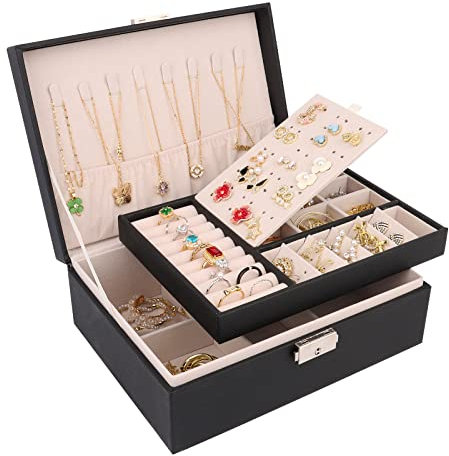 talifoca Boite a Bijoux Femme Fille, Boîte à Bijoux Vuir PU 2 Couches Verrouillable Grande Capacité Boite de Rangement Bijoux pour Colliers, Boucles d'oreilles, Bracelets