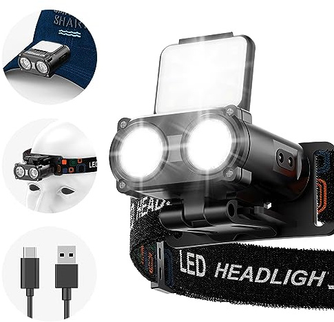 Smiling Shark Uppladdningsbar pannlampa, LED-huvudhattklämma bärbar ficka frontljus 5 typ vitt och rött ljus dimbar cykling jogging, LED-frontlampa-clip-hatt