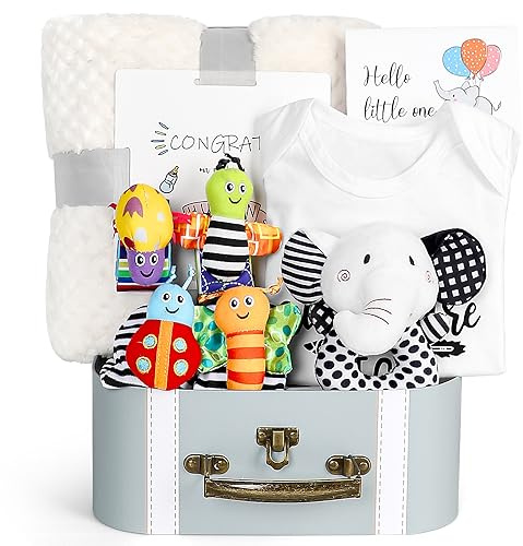 iAOVUEBY Baby Gift Set, Baby Shower Gifts, Black and White High Contrast Baby Toys 0-6 Months for Newborn Essentials Infant Rattle Socks Elephant Toys Blanket Onesies Baby Gift Basket for Girls Boys