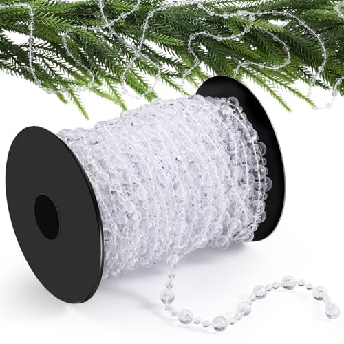 Pangda 49 ft Beaded Garland for Christmas Tree Plastic Artificial Pearl Strands String Beads Trim Roll Chain for Xmas DIY Craft Party Decoration Table Centerpiece Wedding Bouquet(Clear)