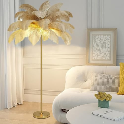 ANram Fjädergolvlampa – Naturlig strutsfjäderdekoration, guldfärgad fot, 3-färgad dimbar LED