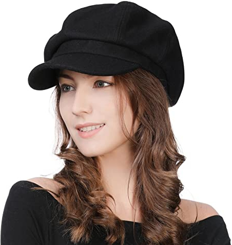 Comhats Winter Hats Womens Newsboy Cap Ladies Wool Peaked Beret Hats Baker Boy Cabbie Cap Autumn Spring Hats Medium Black Cotton Lining