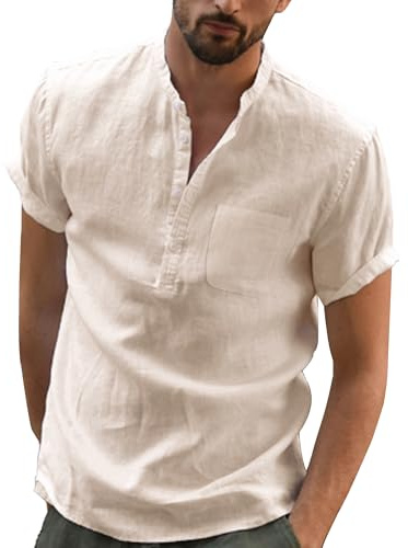 DUOLUVA Chemise Été Homme Lin Col Mao Shirt Men Traditionnelle Unicolore Kaki XL