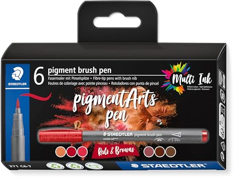STAEDTLER Brush pen Pigment Arts, cartuccia da disegno, punta a pennello per larghezza variabile, impermeabile, ad asciugatura rapida, 6 penne, colori assortiti, in astuccio di cartone, 371 C6-7