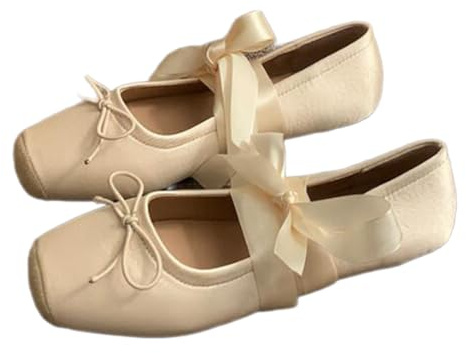 COVOYYAR Women Lace Up Ankle Strap Ballet Flats Shoes Floral Dressy Flats (Beige,8)