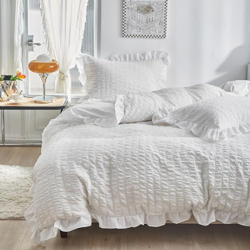 Luofanfei Seersucker Bettwäsche 135x200 Weiß Sommer Uni Weiss Bettwäsche Set mit Rüschen Microfaser Weiche Bettbezug 135 200 Einzelbett und Kissenbezug 80x80 cm mit Reissverschluss