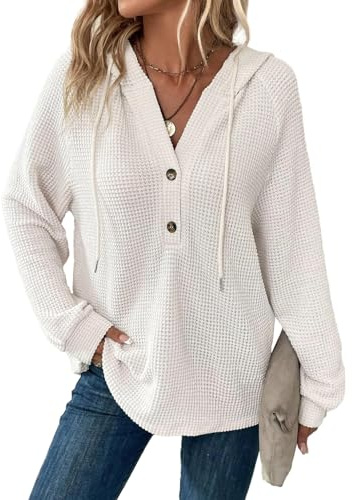 Cuptacc Sweat Femme Oversize Manche Longue Pull Col V Hoodie Femme 2025 Ete Mode Tricot Ample Sweat à Capuche Femme Blanc Moyen M 40-42