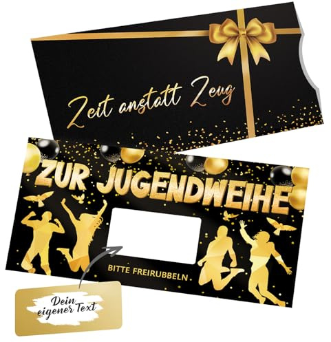 Luckeey Jugendweihe Karte, Karten Zur Jugendweihe Geschenke Mädchen Junge - Schwarzes Gold Doppelseitig Karte mit Rubbelaufkleber Umschlag Set - Zeit Anstatt Zeug