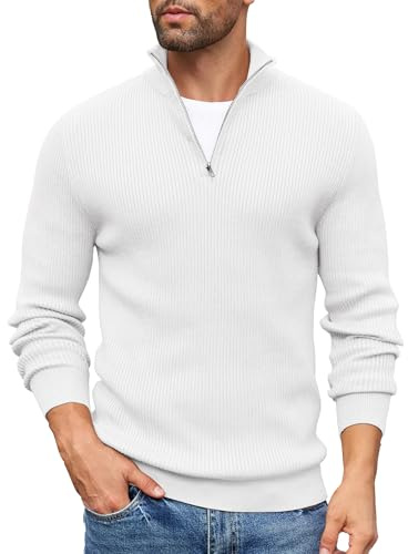 COOFANDY Sweater Men Quarter Zip Jumper 1/4 Zip Turtleneck Sweater Long Sleeve Warm Winter Jumper Polo Neck Jumpers Mock Neck Pullover White M