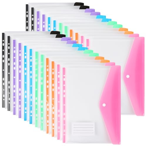 Lot de 24 pochettes perforées en plastique A4, 11 trous, extensibles pour pochettes à documents à 2/3/4 anneaux avec bouton pression et étiquette, feuilles mobiles transparentes pour bureau, école