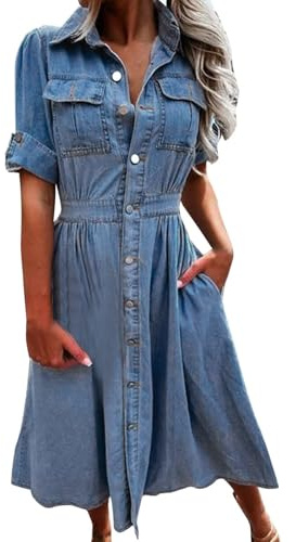 Lockenstab Women's Denim Dress Short Sleeve Shirt Dresses For Women UK Button Spring Dress With Pocket Knee Length Denim Dresses(L)