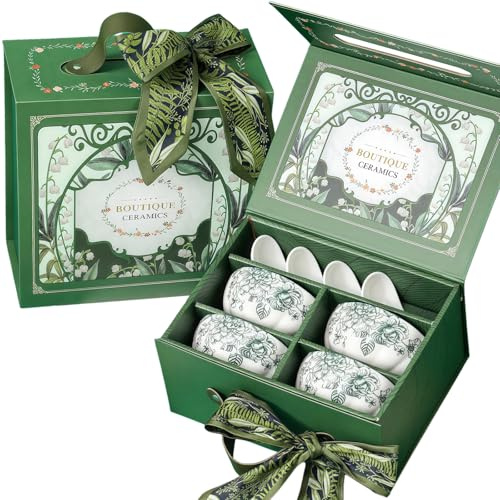 Ceramic Bowls Underglaze Green Sets, Japanese Bowl Gifts Include 4 Soup Spoons 4 Bowls, Salad, Cereal, Soup, Japanese Snacks Bowl, Premium Gift Box Suitable Gifts for Women, Christmas, Easter etc
