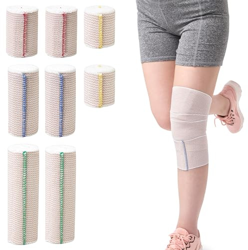 Mix Elastic Bandage Wrap 8 Pack (2x2, 2x3, 2x4, 2x6), Compression Bandage Wrap for Ankle, Elbow, Knee, Shoulder,Tummy, Body, Premium Sport Support & Injury Recovery, Reusable & Durable