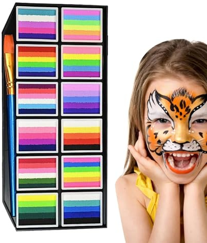 Astuccio per il trucco per il viso - Trucco per viso e corpo - Pittura ad acqua lavabile, tenuta lunga 12 colori con pennello Pennarelli per trucco per festival sport teatro ragazze F